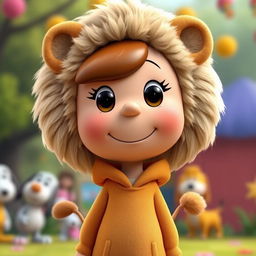 A female cartoon character from Peanuts dressed in a lion costume complete with a fluffy mane and ears