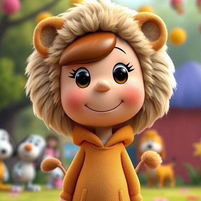 A female cartoon character from Peanuts dressed in a lion costume complete with a fluffy mane and ears