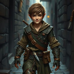 A realistic portrayal of a male halfling rogue inspired by Dungeons & Dragons