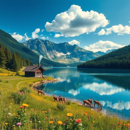 Create a vibrant and detailed image of a picturesque landscape featuring mountains in the background, a crystal-clear lake reflecting the sky, and lush green forests surrounding the lake