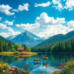 Create a vibrant and detailed image of a picturesque landscape featuring mountains in the background, a crystal-clear lake reflecting the sky, and lush green forests surrounding the lake