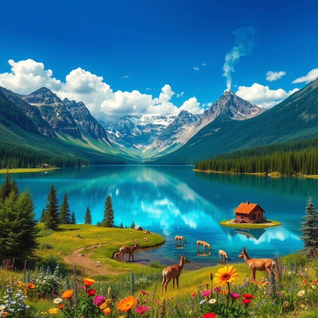 Create a vibrant and detailed image of a picturesque landscape featuring mountains in the background, a crystal-clear lake reflecting the sky, and lush green forests surrounding the lake