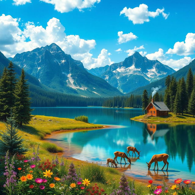 Create a vibrant and detailed image of a picturesque landscape featuring mountains in the background, a crystal-clear lake reflecting the sky, and lush green forests surrounding the lake