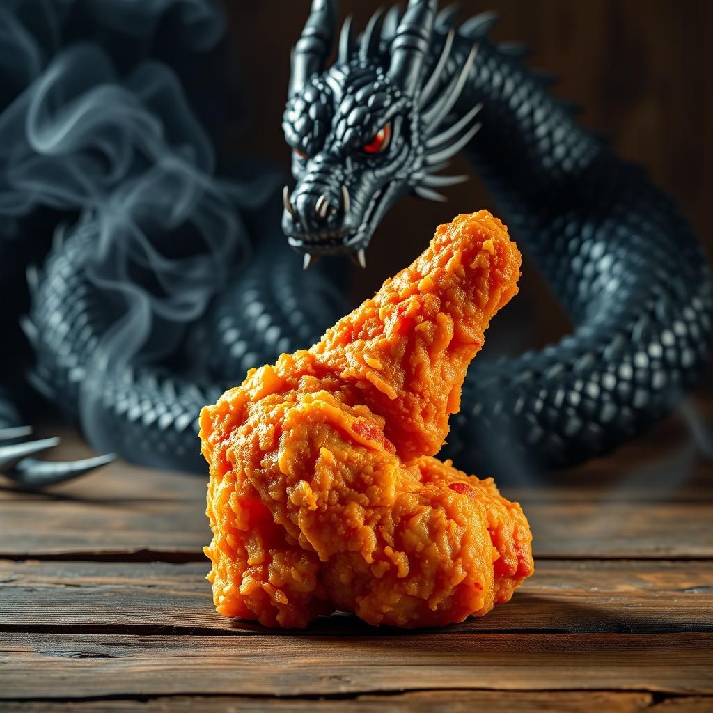 A delicious piece of KFC fried chicken, perfectly crispy and golden brown, placed on a rustic wooden table