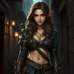A realistic depiction of a sexy female halfling rogue inspired by Dungeons & Dragons