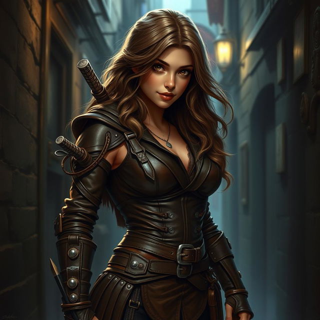 A realistic depiction of a sexy female halfling rogue inspired by Dungeons & Dragons