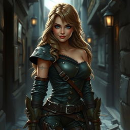 A realistic depiction of a sexy female halfling rogue inspired by Dungeons & Dragons