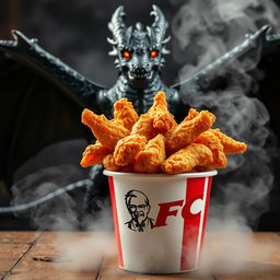 A classic KFC bucket filled with crispy, golden-brown fried chicken, overflowing with tender pieces