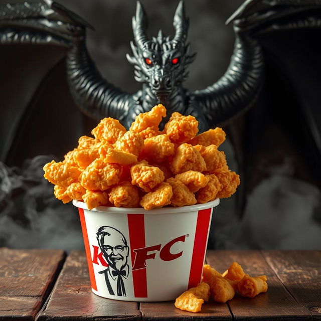 A classic KFC bucket filled with crispy, golden-brown fried chicken, overflowing with tender pieces