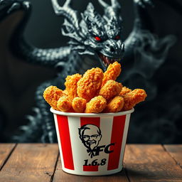 A classic KFC bucket filled with crispy, golden-brown fried chicken, prominently featuring the logo name 'SKATER 1