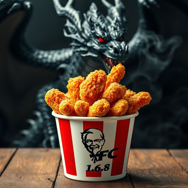 A classic KFC bucket filled with crispy, golden-brown fried chicken, prominently featuring the logo name 'SKATER 1