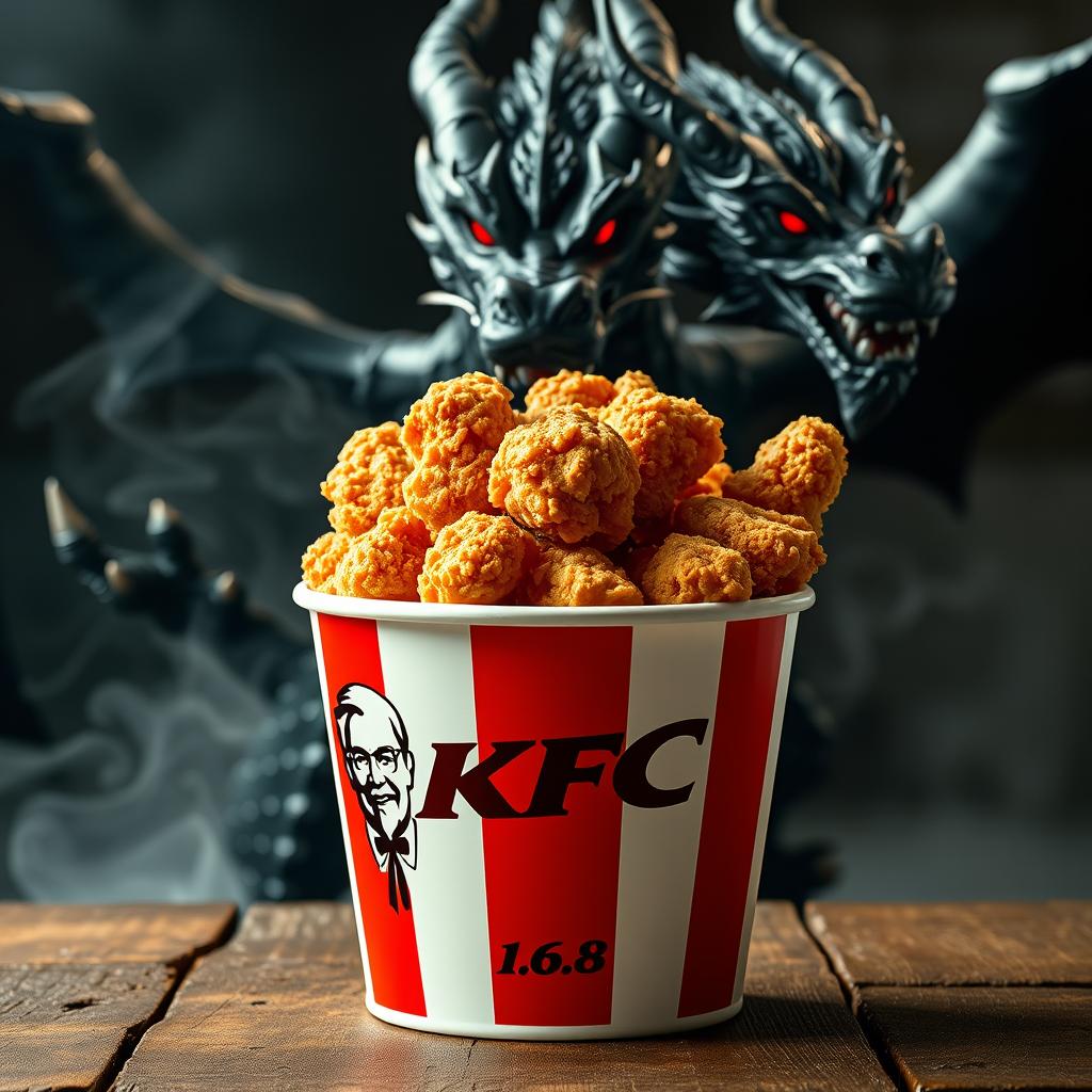 A classic KFC bucket filled with crispy, golden-brown fried chicken, prominently featuring the logo name 'SKATER 1