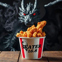 A classic KFC bucket filled with crispy, golden-brown fried chicken, prominently featuring the logo name 'SKATER 1