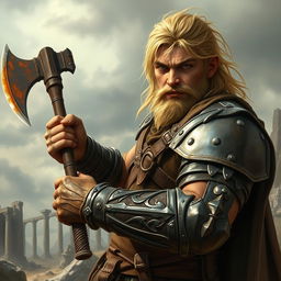 A realistic depiction of a strong blonde male fighter from a Dungeons & Dragons setting, embodying a rugged warrior spirit