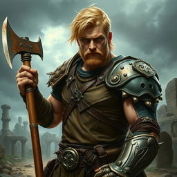 A realistic depiction of a strong blonde male fighter from a Dungeons & Dragons setting, embodying a rugged warrior spirit