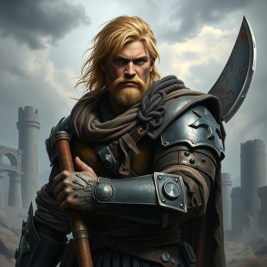 A realistic depiction of a strong blonde male fighter from a Dungeons & Dragons setting, embodying a rugged warrior spirit