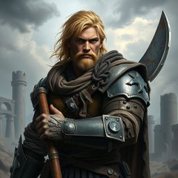 A realistic depiction of a strong blonde male fighter from a Dungeons & Dragons setting, embodying a rugged warrior spirit