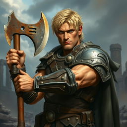 A realistic depiction of a strong blonde male fighter from a Dungeons & Dragons setting, embodying a rugged warrior spirit