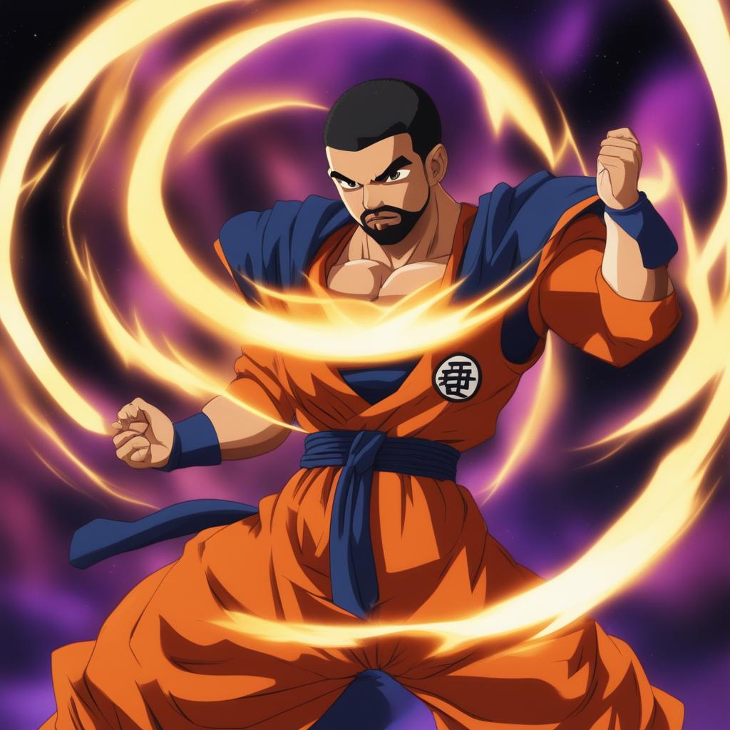This is a digital art representation of Drake in the style of Dragonball Super, displaying him in a powerful stance with Dragonball's distinctive features and attire