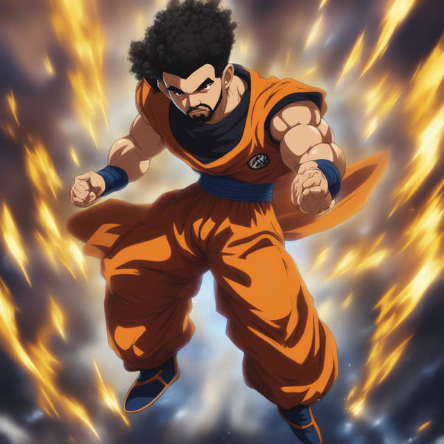 This is a digital art representation of Drake in the style of Dragonball Super, displaying him in a powerful stance with Dragonball's distinctive features and attire