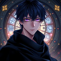 An enchanting light novel cover featuring a male character with shaggy dark blue hair that adds depth to his mysterious persona