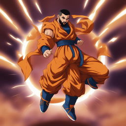 This is a digital art representation of Drake in the style of Dragonball Super, displaying him in a powerful stance with Dragonball's distinctive features and attire