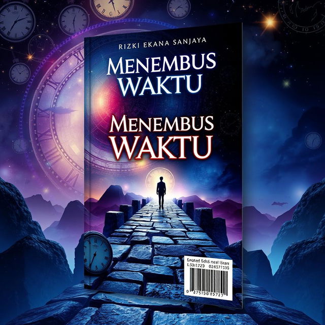 A captivating book cover for a novel titled 'Menembus Waktu' by Rizki Eka Sanjaya