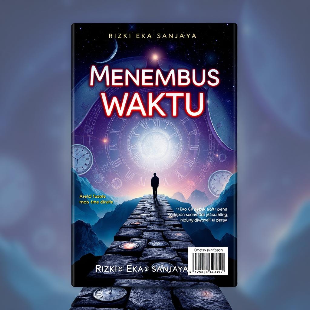 A captivating book cover for a novel titled 'Menembus Waktu' by Rizki Eka Sanjaya