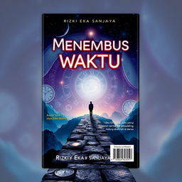 A captivating book cover for a novel titled 'Menembus Waktu' by Rizki Eka Sanjaya