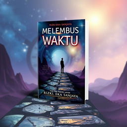 A captivating book cover for a novel titled 'Menembus Waktu' by Rizki Eka Sanjaya