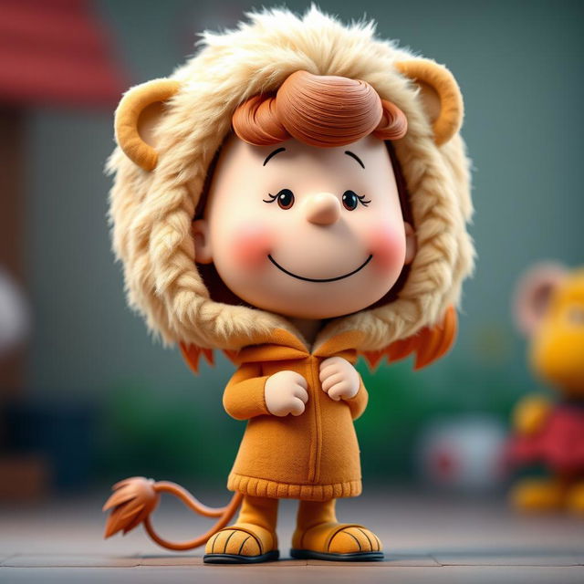 A female cartoon character from Peanuts wearing a lion costume that includes a fluffy mane and distinctive ears