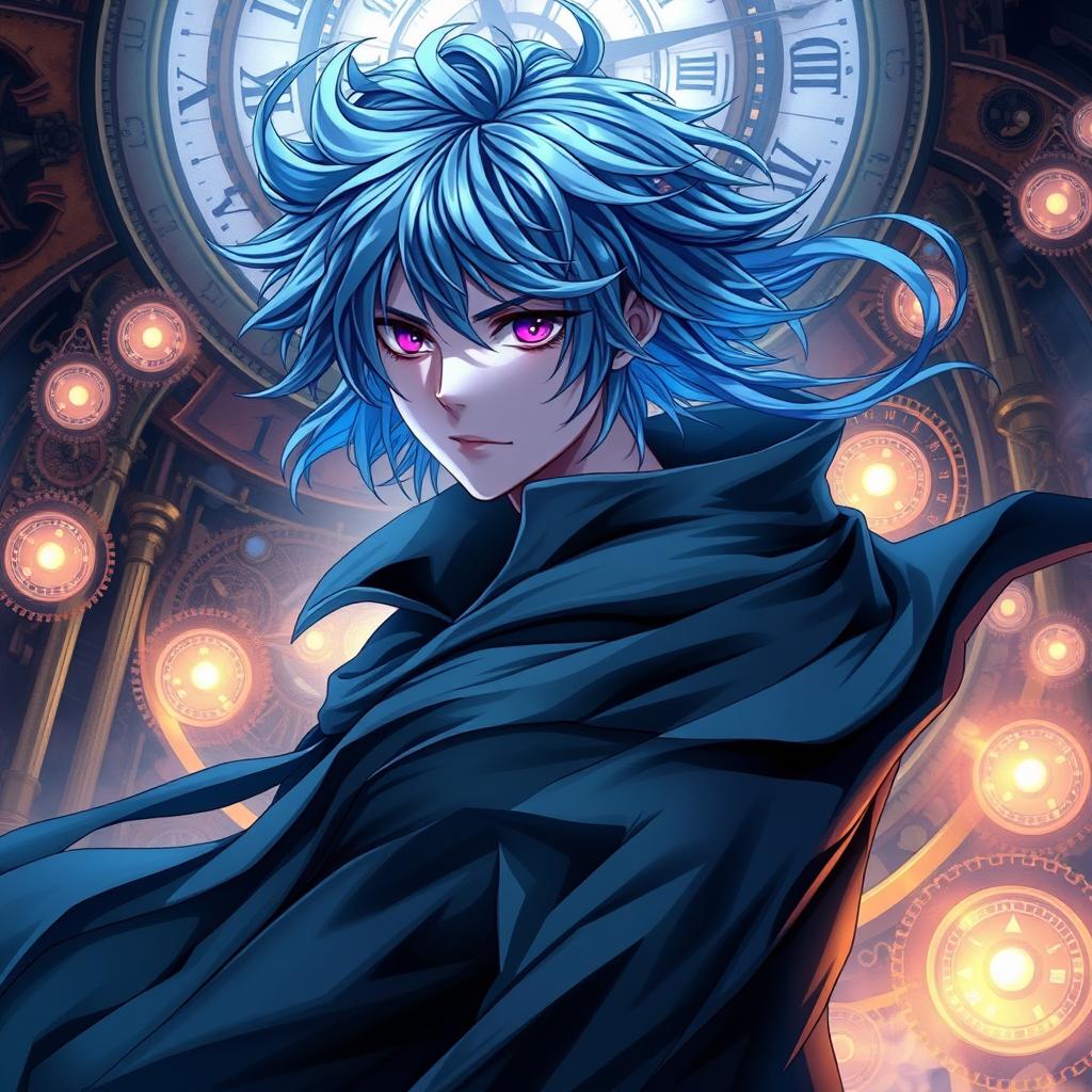 An enthralling light novel cover featuring a male character with shaggy blue hair that flows dramatically, enhancing his mysterious appearance