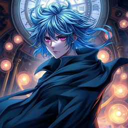 An enthralling light novel cover featuring a male character with shaggy blue hair that flows dramatically, enhancing his mysterious appearance