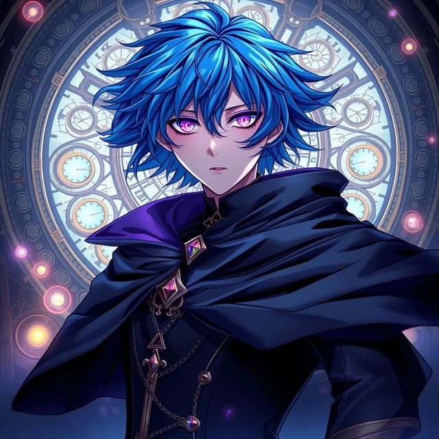 An enthralling light novel cover featuring a male character with shaggy blue hair that flows dramatically, enhancing his mysterious appearance