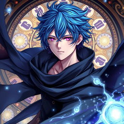 An enthralling light novel cover featuring a male character with shaggy blue hair that flows dramatically, enhancing his mysterious appearance