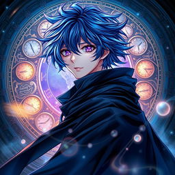 An enthralling light novel cover featuring a male character with shaggy blue hair that flows dramatically, enhancing his mysterious appearance