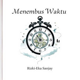 A middle page design for a book titled 'Menembus Waktu' by Rizki Eka Sanjaya, set against a clean white background