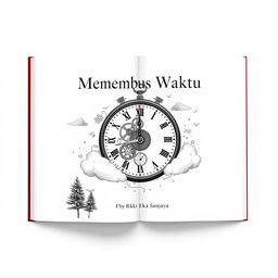 A middle page design for a book titled 'Menembus Waktu' by Rizki Eka Sanjaya, set against a clean white background