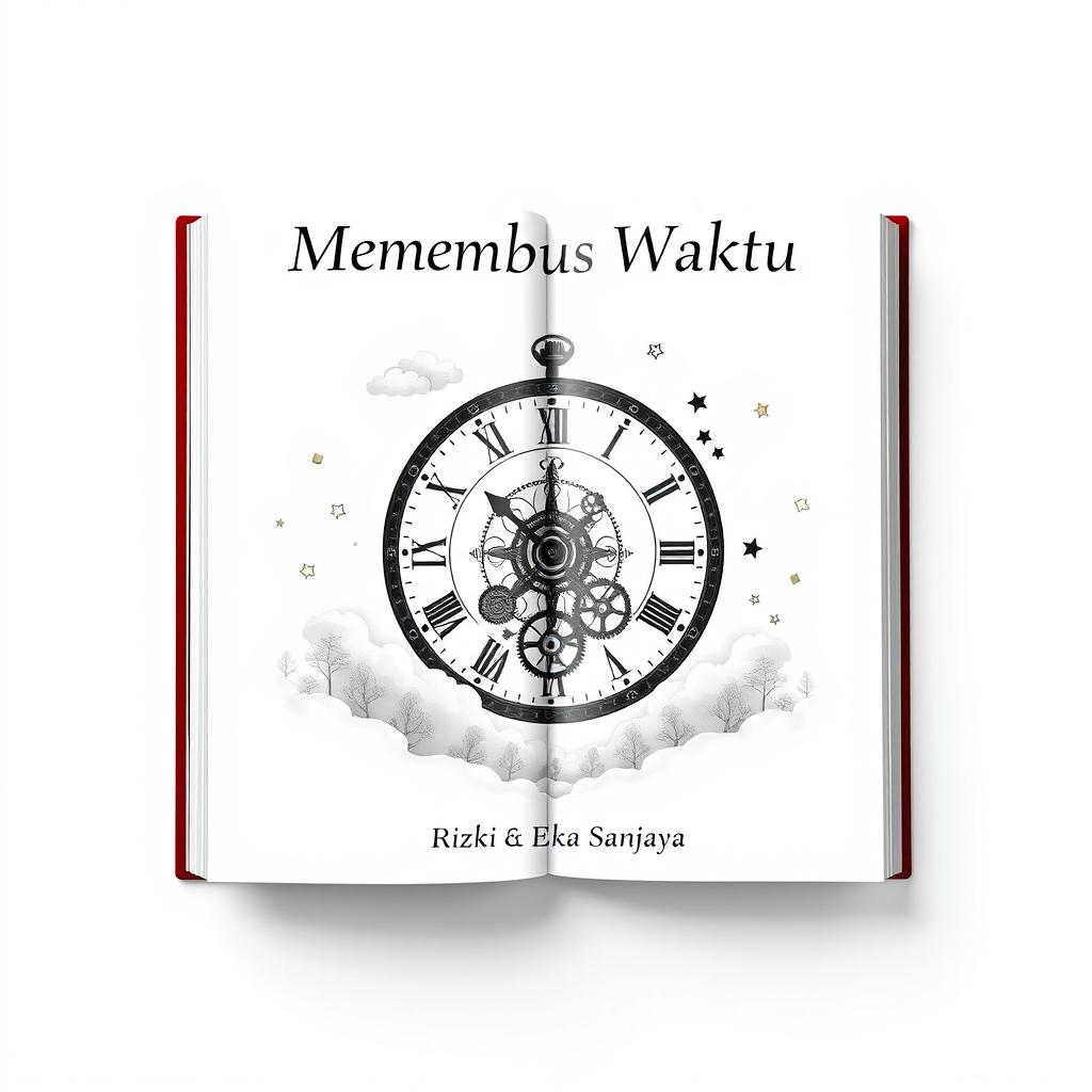 A middle page design for a book titled 'Menembus Waktu' by Rizki Eka Sanjaya, set against a clean white background