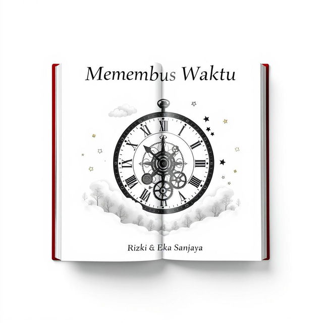 A middle page design for a book titled 'Menembus Waktu' by Rizki Eka Sanjaya, set against a clean white background