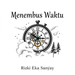 A middle page design for a book titled 'Menembus Waktu' by Rizki Eka Sanjaya, set against a clean white background