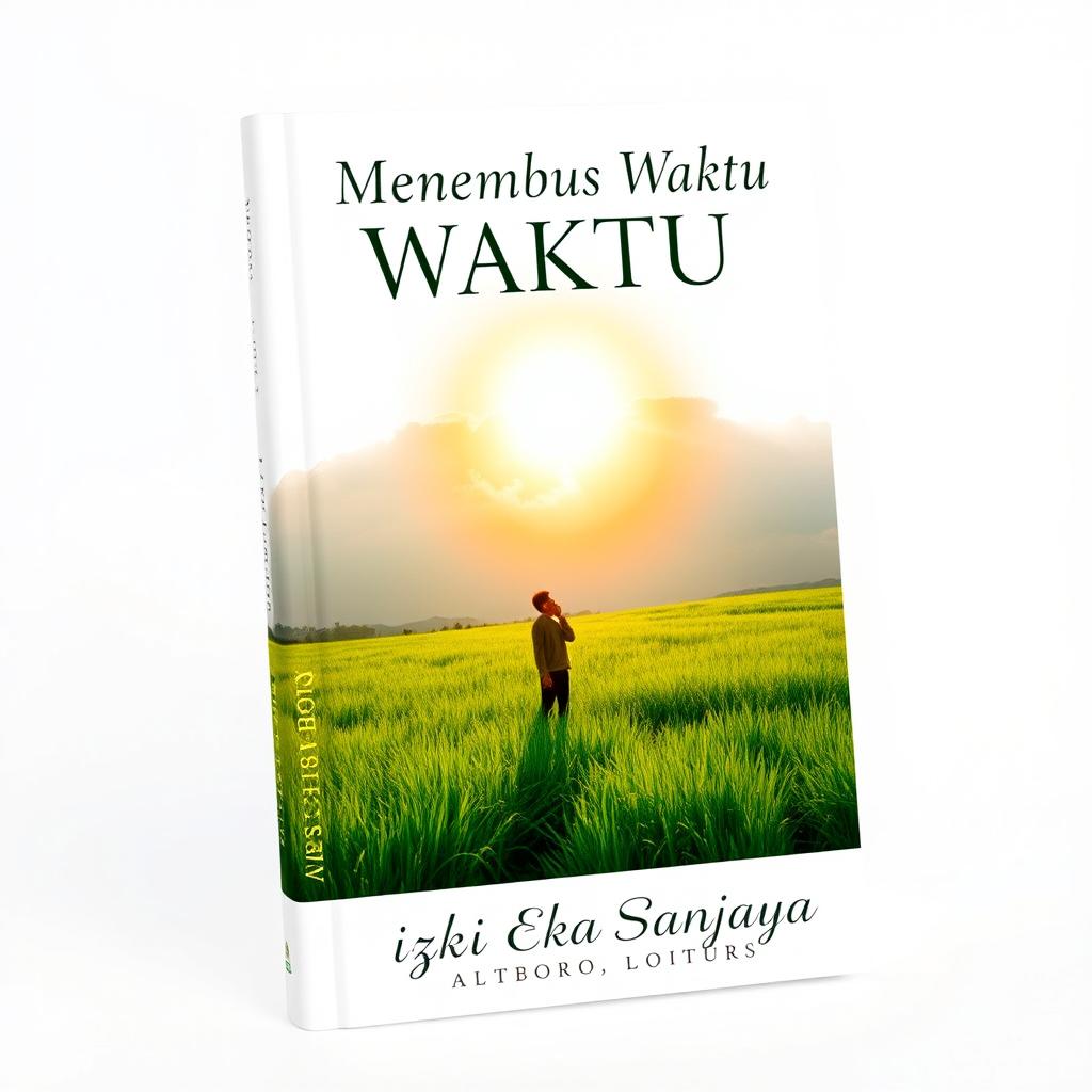 A book cover design for 'Menembus Waktu' by Rizki Eka Sanjaya, featuring a pristine white background