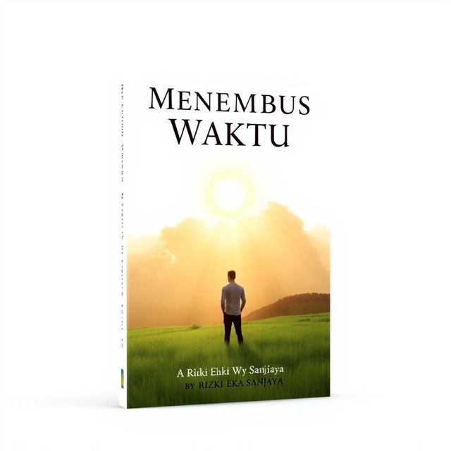 A book cover design for 'Menembus Waktu' by Rizki Eka Sanjaya, featuring a pristine white background