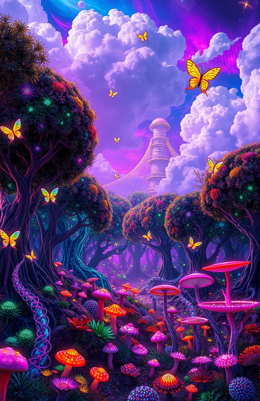 A psychedelic scene set in a vibrant forest, known as 'bosque', filled with colorful, fantastical flora and fauna