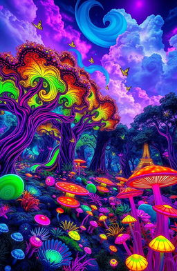 A psychedelic scene set in a vibrant forest, known as 'bosque', filled with colorful, fantastical flora and fauna