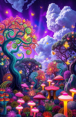 A psychedelic scene set in a vibrant forest, known as 'bosque', filled with colorful, fantastical flora and fauna