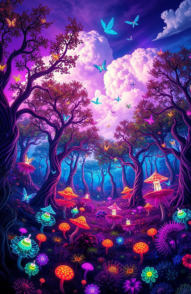 A psychedelic scene set in a vibrant forest, known as 'bosque', filled with colorful, fantastical flora and fauna