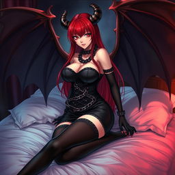 A sexy gothic anime girl, exuding a captivating demon allure, complete with striking demonic wings and prominent horns