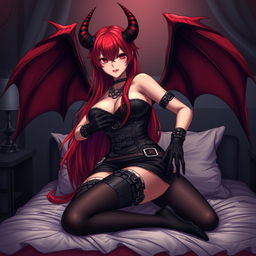 A sexy gothic anime girl, exuding a captivating demon allure, complete with striking demonic wings and prominent horns