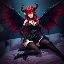A sexy gothic anime girl, exuding a captivating demon allure, complete with striking demonic wings and prominent horns